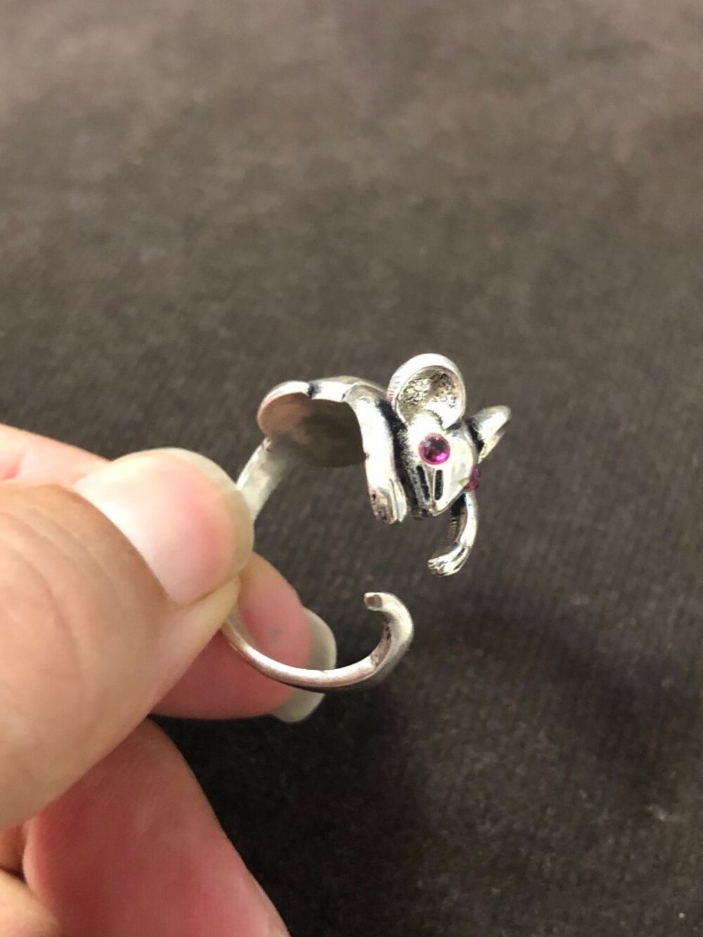 Mouse Ring with Pink Glass Eyes Silver Tone Brass Animal Jewelry Size 8